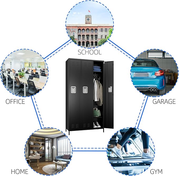 Aobabo Metal Lockers for Employees, 3 Doors Storage Locker with 9 Hooks for Office Home, Black, Assembly Required
