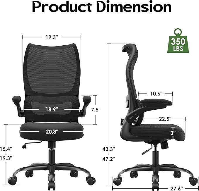 Office Chair Ergonomic Desk Chair - Comfy Mesh High Back Office Chair with Lumbar Support Wheel Home Desk Office Chairs Flip up Armrest Executive Rolling Swivel Task Computer Chair Black Silver