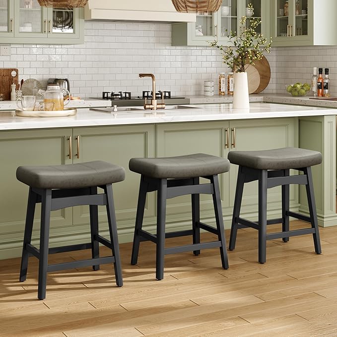 MAISON ARTS Wood Counter Height Bar Stools Set of 3 for Kitchen Counter Solid Wood Legs with Faux Leather Saddle Seat Farmhouse Barstools for 34"-38" Counter Island Upholstered Stools, 24in Grey