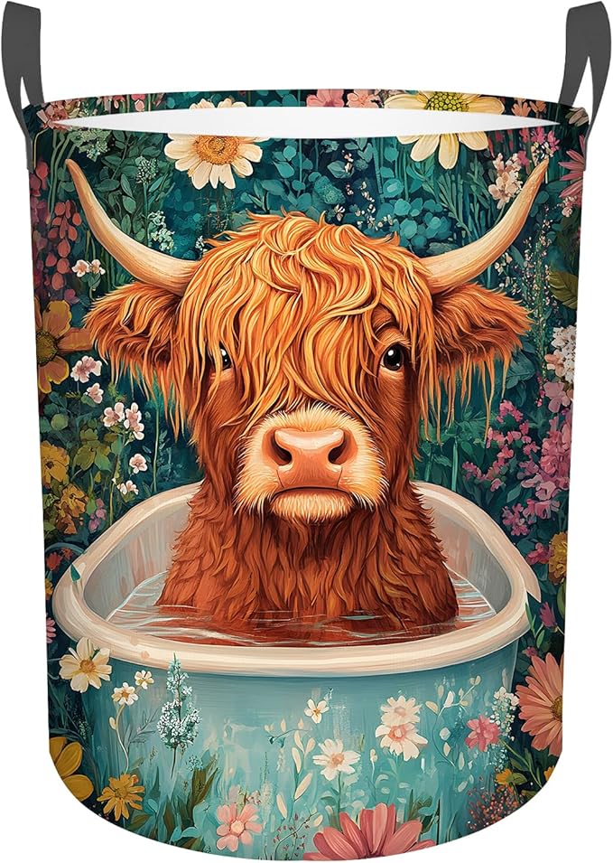 Highland Cow Laundry Basket,Foldable Oxford Cloth Funny Tote Bag Laundry Hamper Clothes Storage Bucket Toy Organizer For Bathroom Laundry Storage Bedroom 18.9x16.5