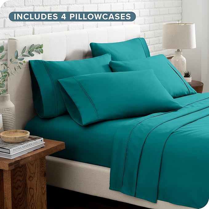 Bare Home Hotel Luxury Split King Sheet Set, Extra Soft, 7 Piece Set, Deep Pockets, Easy Fit, Cooling & Breathable, Wrinkle, Fade, Stain Resistant, Includes 4 Pillowcases (Split King, Emerald)