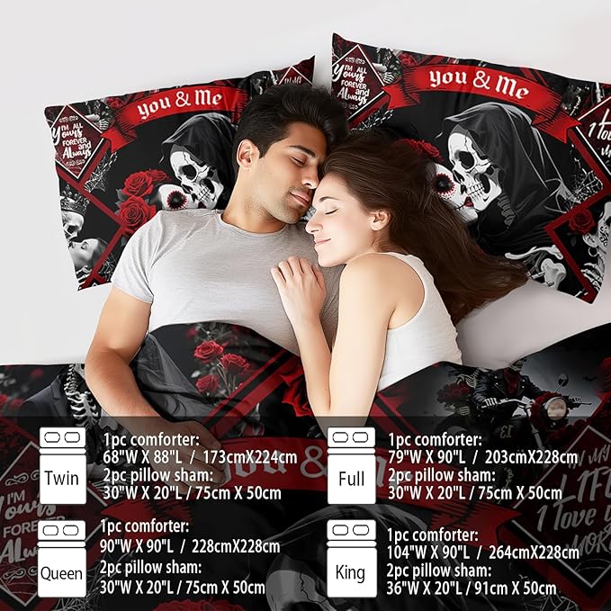 Red Skull Comforter Set Full Size Women Men Black Goth Bedding Set GirlsGothic Full Size Comforter Couple Red Rose Couple Bedding Boho Skull Quilt Bedroom Decor