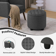 Furniliving 18.7inch Storage Round Ottoman, Footstools with Hidden Storage with Removable Lid, Stylish Button Tufted Design Ottoman Foot Stools for Living Room, Bedroom，Darkgrey