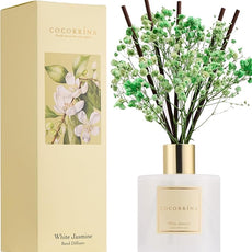 COCORRÍNA Reed Diffuser - White Jasmine 6.7 Fl.oz Reed Diffuser Set with Sticks & Preserved Baby's Breath, Reed Diffuser for Home Bathroom Shelf Decor