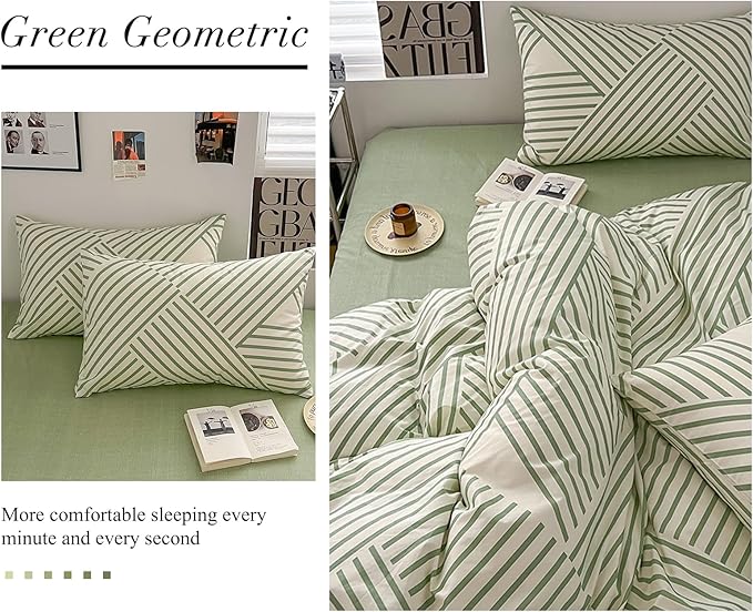 VM VOUGEMARKET Green Stripes Duvet Cover King,Instagram Style Geometric Duvet Cover with Zipper Ties 100% Cotton Modern Fashion Bedding Set for Teens Adults