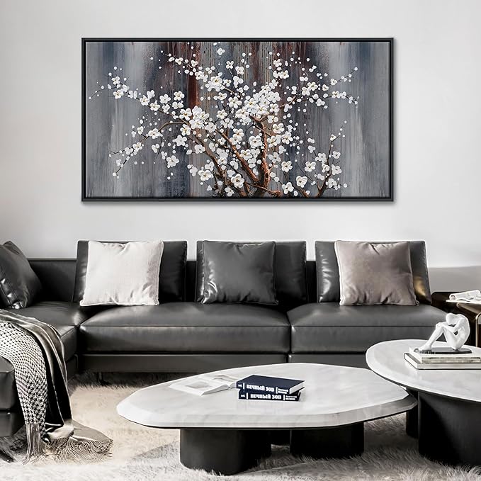 Wall Art for Living Room Large Modern Wall Decor Canvas Paintings for Wall Decorations White Flower Brown Bedroom Office Artwork Plum Blossom Art Prints Framed 29×58IN