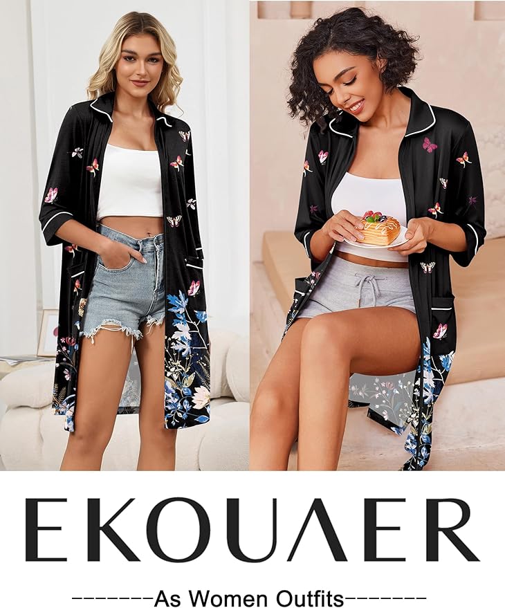 Ekouaer Zipper Robes for Women 3/4 Sleeve Housecoats Knee Length Bathrobe Lightweight Nightgown with Pockets S-3XL