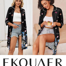 Ekouaer Zipper Robes for Women 3/4 Sleeve Housecoats Knee Length Bathrobe Lightweight Nightgown with Pockets S-3XL