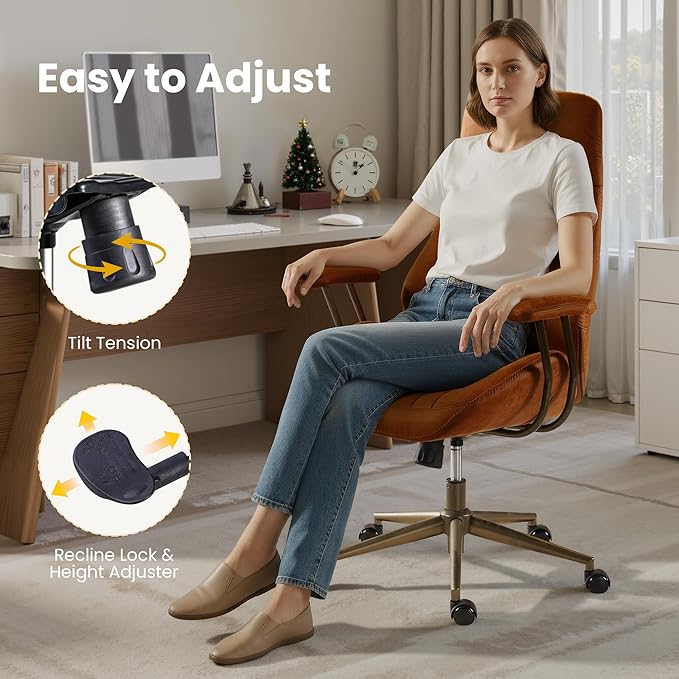 Home Office Desk Chair, Mid-Century Modern Office Chair with Adjustable Lumbar Support, Adjustable Height Executive Task Chair with 360 Rolling Swivel for Meeting Study Room(High Back, Brown)