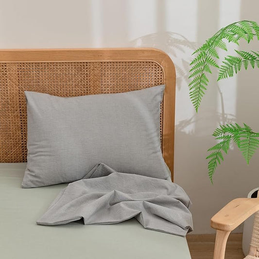 BESTOUCH 100% Washed Cotton Pillowcase for Hair and Skin Linen Feel Soft Comfortable Breathable 2 Set Pillow Case with Envelope Closure Solid Light Grey Standard 20x26 Inches