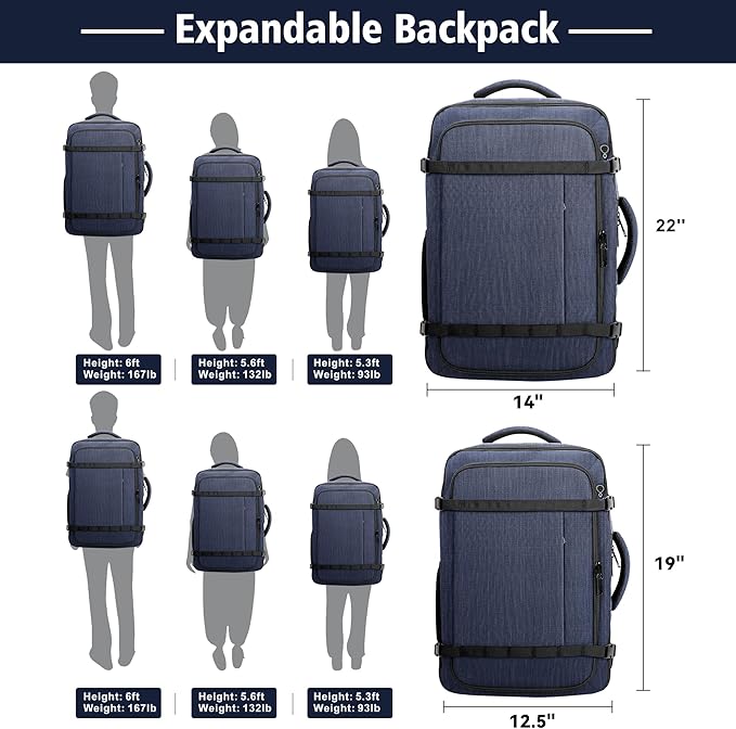 Travel Backpack,Expandable 40-50L Carry On Laptop Backpack with USB Cable Port Fits 17.3 Inch Laptop, Water Resistant Outdoor Travel Daypack for Men Women College Trips Weekend Adventures, Blue