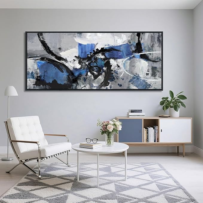 Blue Abstract Wall Art - Canvas Wall Art in Blue and Black Framed Gray Artwork for Living Room, Bedroom and Office Decorations for Work - Modern Wall Decor and Pictures