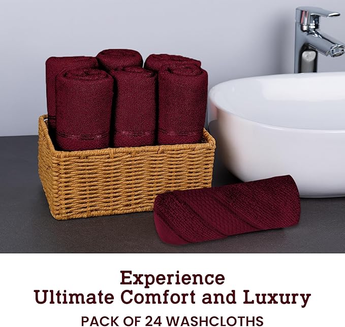 Casa Lino Face Towels & Body Wash Cloths for Showering - 100% Cotton Wash Cloths for Bathroom - Highly Absorbent & Quick Drying Washcloth Set - Cotton Washcloths 24 Pack (12" x 12") - (Burgundy)