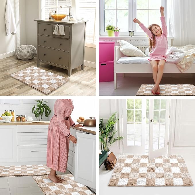 CozeCube Bath mats for Bathroom Non Slip, Fluffy Absorbent Microfiber Bath mat Washable, Aesthetic Bathroom Rugs, Cute Beige Checkered Bath mat, Beige, 32" x 20"