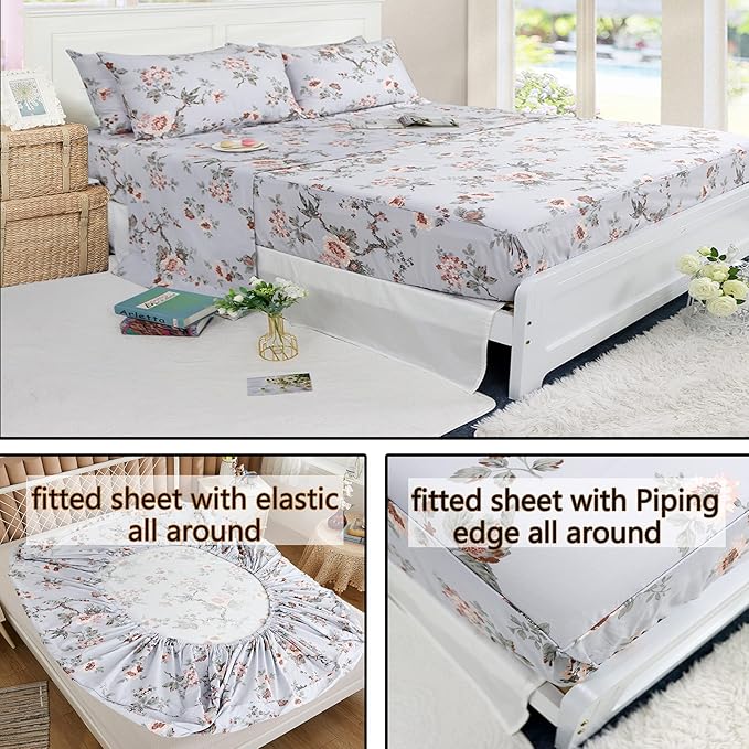 FADFAY Elegant Floral Full Sheet Set - Shabby Grey Bird Print Flower Bed Sheets, Vintage Farmhouse 100% Cotton Ultra Soft Girls Bedding With Deep Pocket Fitted Sheet, 4Pcs, Full Size