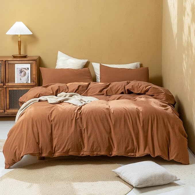 FOSSA Duvet Cover Set 100% Washed Cotton Linen Feel Super Soft Breathable Cozy 3 Pieces Bedding Sets Solid Dark Orange Oversized King Plus