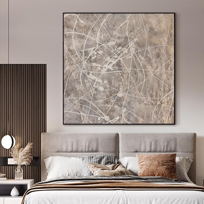 36"x36" Large Framed Wall Art - Splatter Beige and Gray Graffiti Style (Frame Assembly Required)