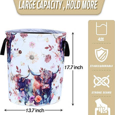 Highland Cow Laundry Basket Cow Animal Foldable Oxford Cloth Funny Tote Bag Laundry Hamper Clothes Storage Bucket Organizer For Bathroom/Laundry Storage/Bedroom 17.7x13.7 Inch