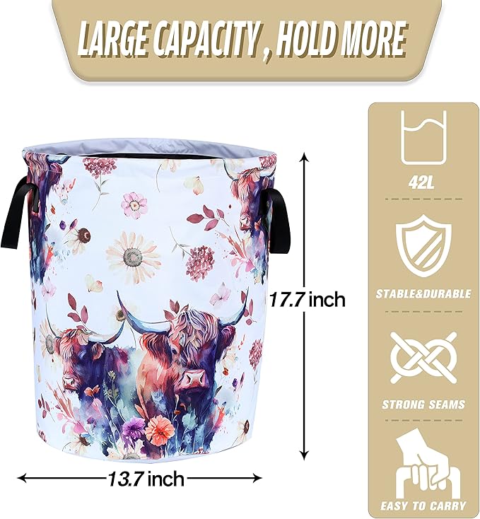 Highland Cow Laundry Basket Cow Animal Foldable Oxford Cloth Funny Tote Bag Laundry Hamper Clothes Storage Bucket Organizer For Bathroom/Laundry Storage/Bedroom 17.7x13.7 Inch