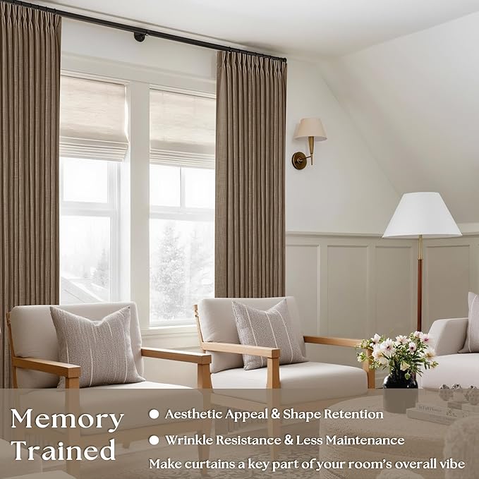 Dutch Cocoa Linen Curtains 102 Inches Long for Living Room Pinch Pleated Drape with Hooks Rings for Track System Light Filtering 102 Inch Curtain for Bedroom Sliding Patio Door 2 Panels Brown