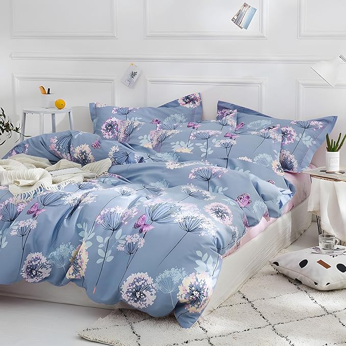 MKXI Purple Floral Comforter Set Dandelion Print Comforter Twin Set Cozy Patterned Comforter Reversible Flowers Bedding Set Twin Size