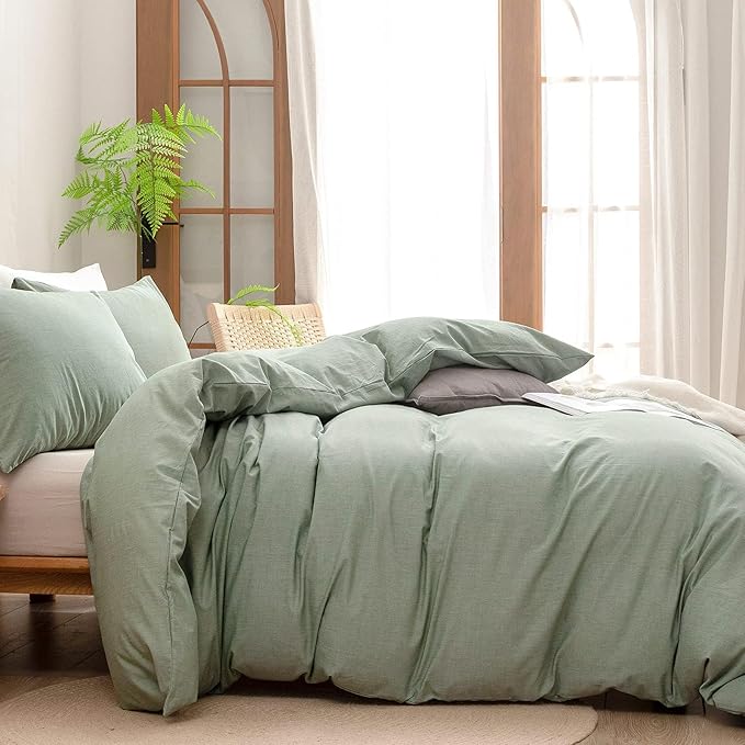 BESTOUCH Duvet Cover Set 100% Washed Cotton Linen Feel Super Soft Comfortable Chic Lightweight 3 PCs Home Bedding Set Solid Green Super King Plus