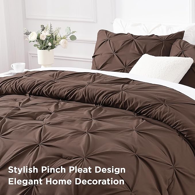 Andency Brown King Size Comforter Set (104x90Inch), 3 Pieces Soft Lightweight Western Modern Pinch Pleat Bedding Comforters, All Season Warm Down Alternative Bed Set for Boys Men Adults