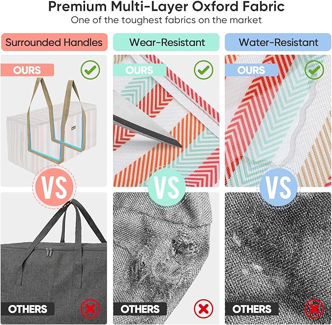 BALEINE Extra Large Storage Tote with Zippers & Carrying Handles, Heavy-Duty Oxford Fabric Moving Bags for Laundry, Space Saving, Storage, Color Stripe