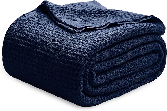 Bedsure Gentlesoft 100% Cotton Blanket King Size for Bed - Breathable and Soft, Thick Cozy Waffle Weave Christmas Blanket Gift for Women, Pageant Blue, 104x90 inches