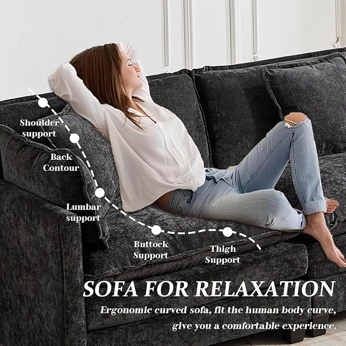 SoarFlash 113.78" Chenille Sectional Sofa, Comfy Modular Loveseat Sofa, Modern 3-Seat Couch Deep Seat Sofa Set for Living Room,Black