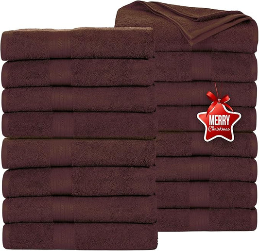 Ample Decor Bath Towels Pack of 16 600 GSM 100% Cotton, Absorbent Soft Premium Quality Machine Washable, Oeko Tex Certified, for Bathroom, Hotel, Spa, Gym, Kitchen - Brown - 30 X 54 Inch