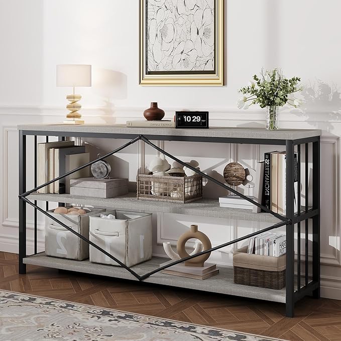 HSH Long Bookshelf, Large Wood Wide Grey Horizontal Book Shelf Under Window, Modern Open Etagere Bookcase for Bedroom Living Room, Industrial Wooden Metal Display Bookshelves for Home Office, 63 Inch