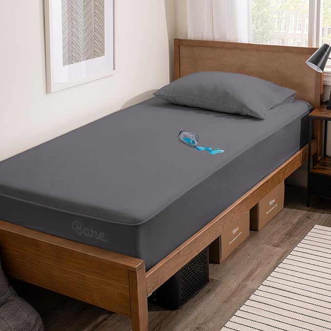 Bare Home Twin Size Mattress Protector - 100% Waterproof & Breathable - Cooling Mattress Cover - Protects Against Spills - Vinyl Free Noiseless - Dorm Essentials - Protect Your Mattress (Twin, Grey)