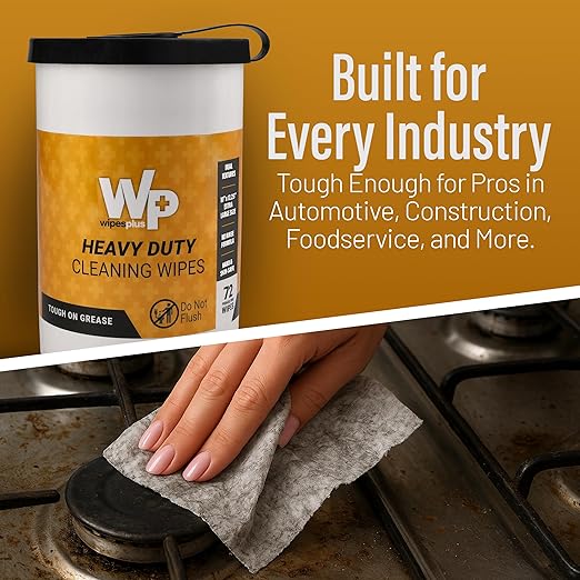 WIPESPLUS Heavy Duty Cleaning Wipes – No Rinse Dual-Texture Tool Cleaning Wipes and Hand Cleaner for Mechanics – Industrial Degreaser for Garage, Grill, and Oven– 72 Count 10.5"x12.25" (Pack of 6)