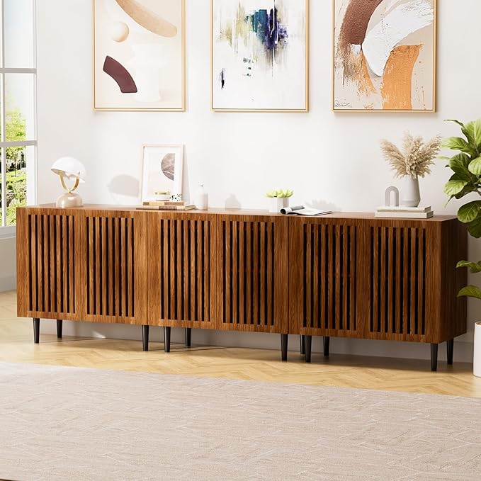 CHUWELL Storage Cabinet Set of 3, 94.5" Buffet Cabinet with 6 Doors and Adjustable Shelf, Sideboard Coffee Bar with Solid Wood Feet for Kitchen,Dining Room,Living Room,Brown
