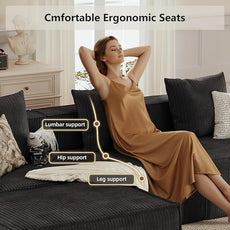 110” Sectional Boneless Couch, 3 Seat Grey Corduroy Convertible Sofa Bed with Pillows, Home Sofa Living Room Bedroom, Memory Foam Modular Couch Daybed Lazy Floor Bed