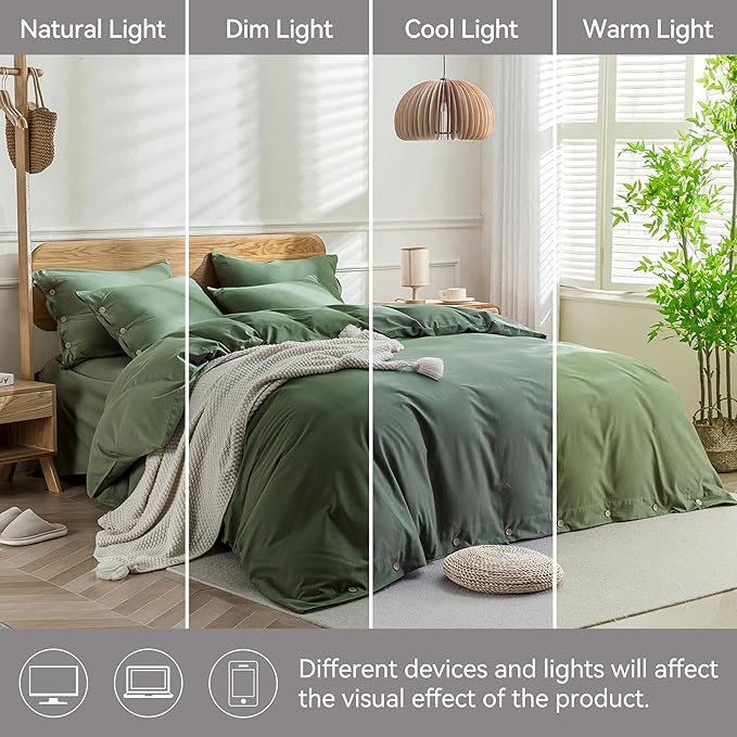 JELLYMONI Cotton Duvet Cover Full Size - Green Comforter Cover with Button 100% Washed Cotton 3PCS Breathable Soft Solid Bedding Set Duvet Cover 80×90in & 2 Pillowcases (NO Comforter)