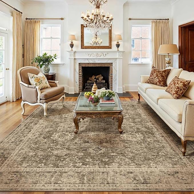 8x10 Washable Area Rug for Living Room Bedroom Brown Vintage Large Distressed Rustic Low Pile Carpet Non-Slip Lightweight Vacuumable Soft Throw Rug for Indoor Dining Room