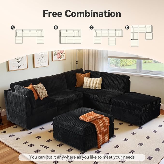 Large 6 Seat Modular Sectional Sofa with Ottoman Seat Corduroy Sleeper Sectional Sofa Bed Oversized Convertible Modular Couch for Living Room