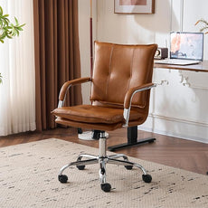 Mid-Back Ergonomic Leather Office Chair, Modern Upholstered Executive Desk Chair with Gold Frame Armrest Computer Task Chair (Camel &Silver Legs)