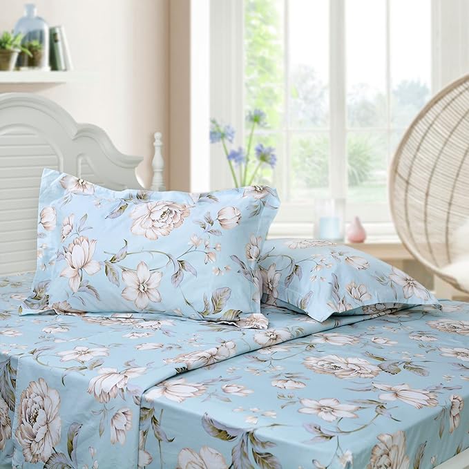 FADFAY Shabby Floral Bed Sheet Set Farmhouse Bedding Blue Cotton Winter Bedding Deep Pocket Sheets 4-Piece Queen Size