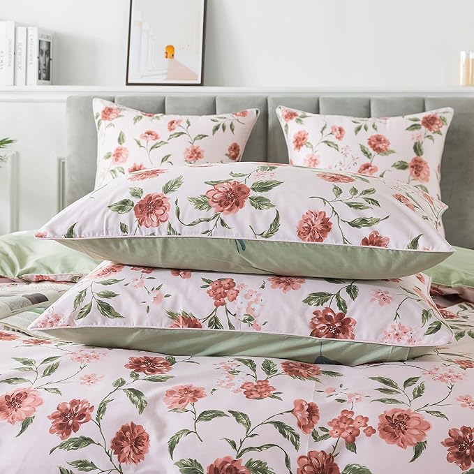 FADFAY Duvet Cover Set Queen Rose Floral Bedding Shabby Pink Hydrangea Flower Comforter Cover Set Vintage Farmhouse Bedding 100% Cotton Soft Quilt Cover with Hidden Zipper Closure 3Pcs, Queen Size
