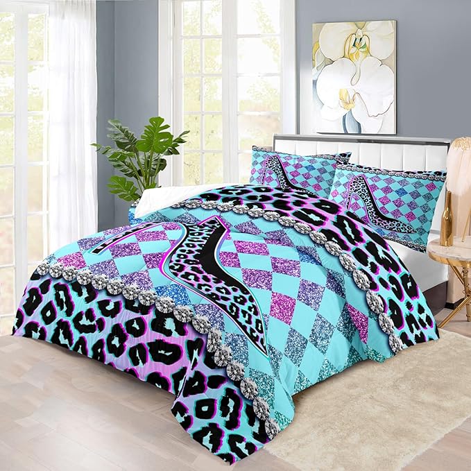 Rainbow Cheetah Print Comforter Set King Girls Sexy High Heels Leopard Print Bedding Set Women High Heels Leopard Comforter Quilt Bedroom Decor Animal Cheetah Bedding Bed Decor