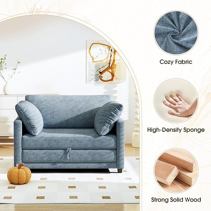 51" Convertible Loveseat Sofa Bed, 2-in-1 Folding Sofa Bed with 2 Pillow for Small Spaces, Modern Loveseat Sleeper Couch for Apartment, Living Room & Guest Room (Light Blue)