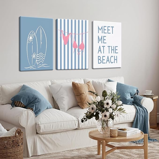 Coastal Beach Surfing Wall Art Set of 3, Preppy Bikini Shells Canvas Wall Decor Paintings, Blue Summer Meet Me at the Beach Posters Prints Pictures for Girly Dorm Bedroom Bathroom 16x24 Inch Framed