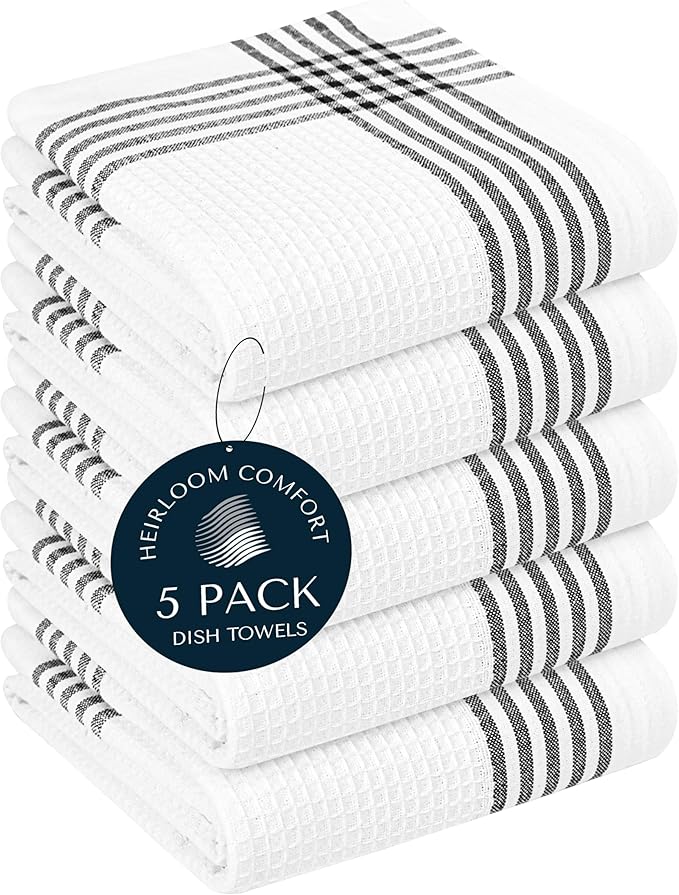 Black and White Kitchen Towels 5 Pack, 16x26 Inch, 100% Cotton Waffle Weave, Super Absorbent, Quick Dry, Reusable Dish Towels for Cleaning, Drying, Cooking, Washing