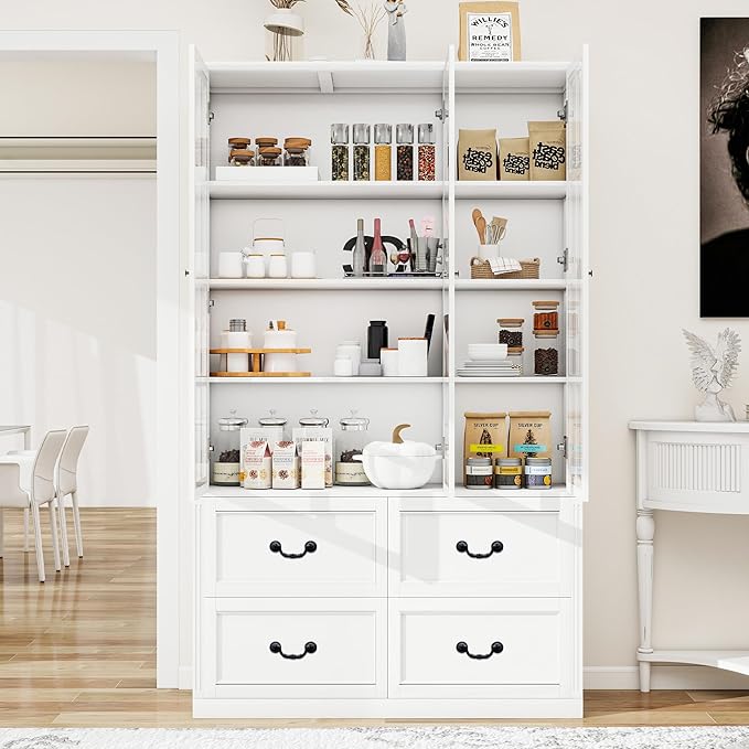 78.8" Tall Bookcase Display Storage Cabinet Hutch with Glass Doors & Drawers - Curio Display Bookshelf Kitchen Pantry for Home, Kitchen, Living Room.
