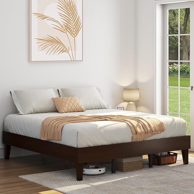 Yaheetech King Bed Frame Natural Solid Wood Platform Bed with Wooden Slats Support, 12-inch Underbed Space for Storage, Noise-Free Design, Easy Assembly, Dark Walnut Finish