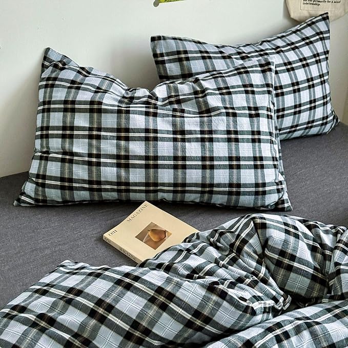 VM VOUGEMARKET Buffalo Gingham Duvet Cover Set Queen,3 Pieces Washed Cotton Bedding Set,Breathable Luxury Plaid Comforter Cover with Zipper Closure for Boys Men(Black&Grey)