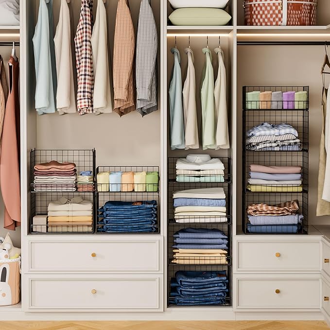 4 Tier Stackable Closet Organizers and Storage Shelves, Foldable Closet Shelf Organizer System, Stackable Storage Bins Drawers for Clothes Organizer System, Black(Patent Pending)